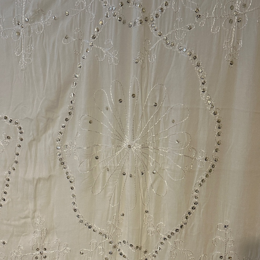 41x62” White Fringed Embroidered with Sequins - Scarf Sarong Pareo Wrap Cover-up - Picture 2 of 4